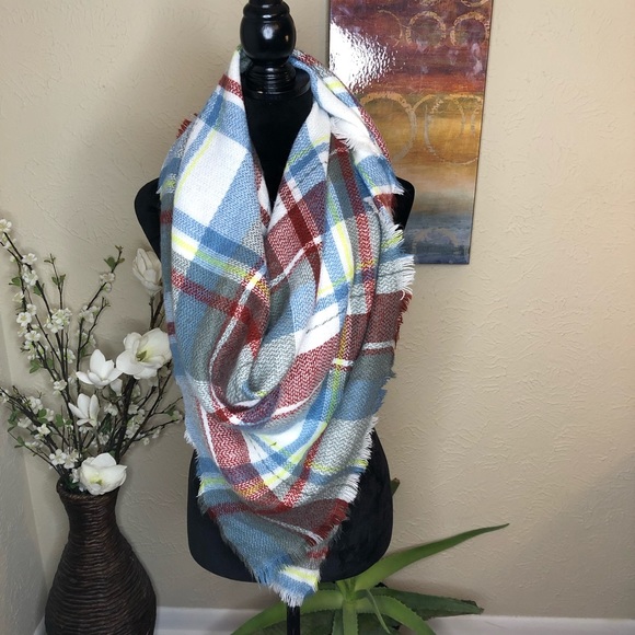 Plaid Blanket Scarf White Blue Gray Lime Green Red - Picture 5 of 7